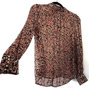 H&M black long sleeve sheer floral blouse with gold accent buttons size M